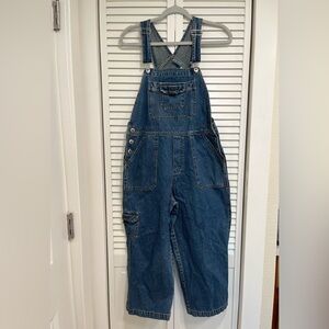 Wide legged cropped denim overalls
